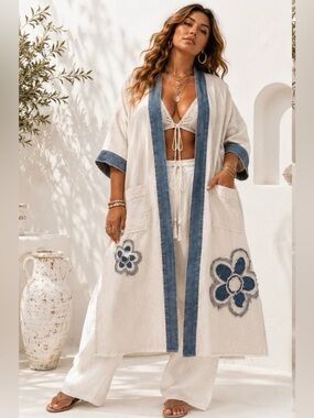 Handmade Boho Organic Cotton Linen Blend Kimono Duster Plus Size 2XL OOAK